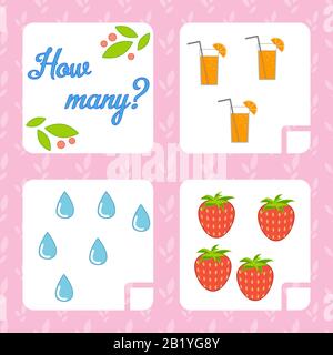 Zählspiel für Vorschulkinder zur Entwicklung mathematischer Fähigkeiten. Zählen Sie die Anzahl der Objekte im Bild. Mit einem Ort für answe Stock Vektor