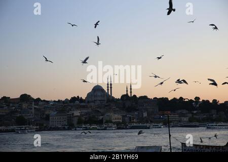 Türkei. Istanbul. Das Goldene Horn von der Galata-Brücke aus gesehen. Sonnenuntergang. Stockfoto