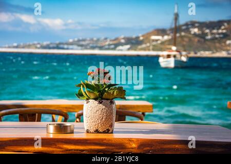 Blumentopf schmückt einen Holztisch in einer schönen Sommerlandschaft auf der Insel Mykonos, Kykladen, Griechenland Stockfoto