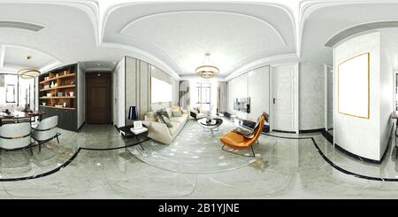 3D-Rendering 360 Grad Heim-Wohn- und Esszimmer Stockfoto