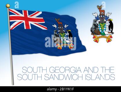 Südgeorgien und Sandwichinseln offizielle Flagge und Wappen, Großbritannien, Vektorgrafiken Stock Vektor