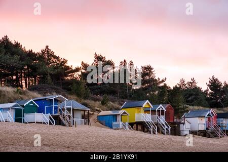 Die ikonischen, farbenfrohen Strandhütten am Wells Beach, bei Sonnenuntergang im Winter, mit den Pinienwäldern dahinter. Stockfoto