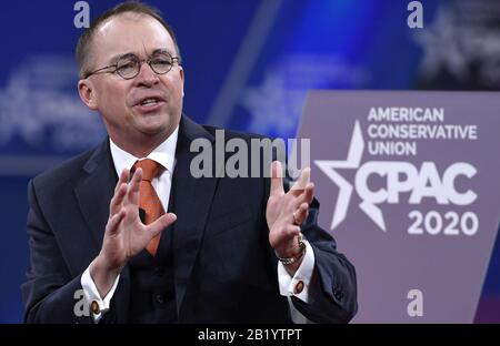 National Harbor, Vereinigte Staaten. Februar 2020. Amtierender Stabschef des Weißen Hauses Mick Mulvaney macht Bemerkungen auf der Conservative Political Action Conference (CPAC), Freitag, 28. Februar 2020, in National Harbor, Maryland. Tausende konservative Aktivisten, gewählte Funktionäre und Experten versammelten sich, um Sprecher zum Thema "Amerika gegen den Nationalsozialismus" zu hören. Foto von Mike Theiler/UPI Credit: UPI/Alamy Live News Stockfoto