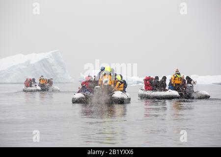 Chinse-Touristen in Zodiacs von einem Expeditionskreuzschiff im schweren Schnee in der Fournier Bay in der Antarktis. Stockfoto