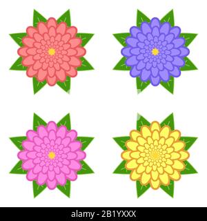 Set aus roten, violetten, gelben, rosafarbenen Blumen mit grünen Blättern, isoliert auf weißem Hintergrund. Vier Optionen. Geeignet für die Konstruktion. Stock Vektor