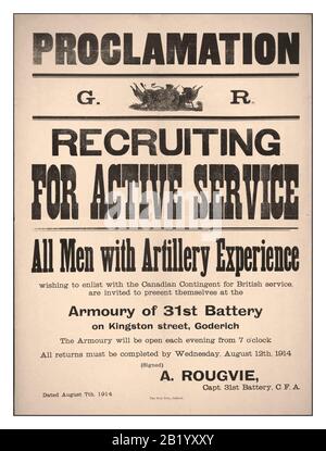 Weinlese WW1 Canadian Recruiting Recruitment Poster Proklamation G.R. Rekrutierung für aktiven Dienst alle Männer mit Erfahrung in der Artillerie 1914-1918 Kanada. Kanadische Armee. Kanadische Feldartillerie. Waffenschmiede der 31. Batterie, 1914, erster Weltkrieg Der Große Krieg Kanada. Kanadische Armee - Rekrutierung, Einerteilung, 1. Weltkrieg. 1914-1918 Stockfoto