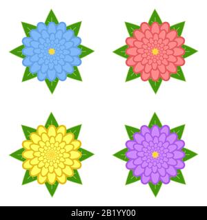 Set aus roten, violetten, gelben, blauen Blumen mit grünen Blättern, isoliert auf weißem Grund. Vier Optionen. Geeignet für die Konstruktion. Stock Vektor