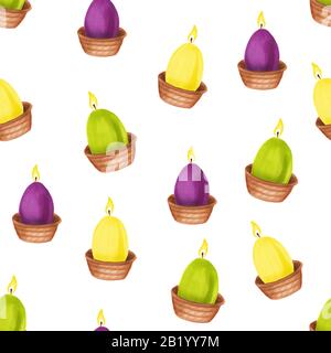 Nahtloses Muster von Osterkerzen, die wie Eier in Körben auf weißem Hintergrund geformt sind. Ein Element des orthodoxen Urlaubs für Grußkarten, Plakate, FA Stockfoto