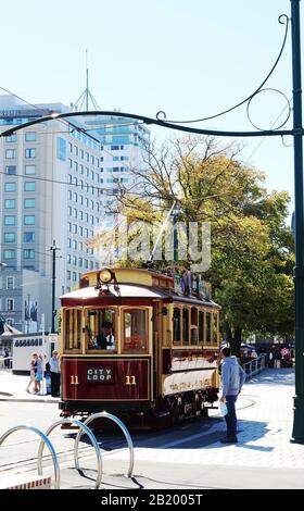 Die Christchurch Tram City Tour Loop - historische Straßenbahnen bieten Besichtigungstouren durch die Stadt Christchurch, Neuseeland Stockfoto