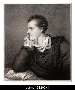 Byron Archive lithograph Radierung c einheit, Lord Byron. George Gordon Byron, 6. Baron Byron, bekannt einfach als Lord Byron. Er war ein renommierter englischer Dichter und eine führende Persönlichkeit in der romantischen Bewegung des 19. Jahrhunderts. Zu seinen bekanntesten Werken gehören die erzählenden Gedichte Childe Haralds Pilgerreise und Don Juan. Lord Byron ist auch für seine Lebensweise berühmt. Er war ein Dandy, lebte extravagant, mit vielen Liebesaffären und Schulden. Stockfoto