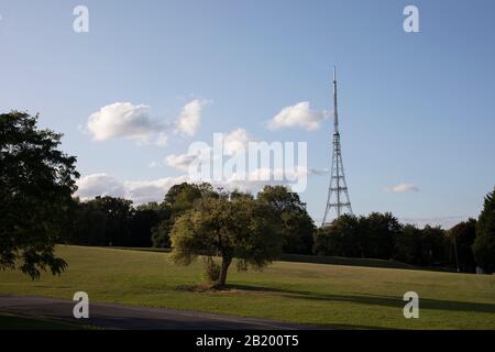 Crystal Palace Sendingstation in London, Großbritannien. Die Sendeanlage Crystal Palace, offiziell bekannt als Arqiva Crystal Palace, ist ein Sendeplatz und Telekommunikationsstandort im Raum Crystal Palace des London Borough of Bromley, England. Es befindet sich auf dem Gelände des ehemaligen Fernsehsenders und Senders, betrieben von John Logie Baird, aus dem Jahr 1933. Stockfoto