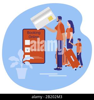 Vector Illustration Menschen mit Koffern Online-Buchung per Smartphone Reiseplanung, Zahlung. Sommerzeit, Urlaub. Konzept für Online-Reiseagenc Stock Vektor