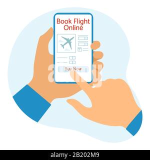 Vector Illustration Online-Buchung und -Zahlung für Flugtickets Menschen überweisen Smartphone-Reisen. Sommerzeit, Urlaub. Konzept für das Online-Reisealter Stock Vektor