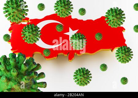 Ansteckende HIV-Aids, Flur oder Coronavirus mit türkischer Karte. Coronavirus von Chine. 3D-Rendering Stockfoto