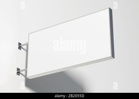 Horizontales Singboard oder Schilder isoliert an der weißen Wand mit leerem weißem Schild. Ansicht von unten Stockfoto