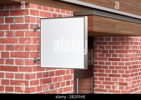 Quadratisches Einzel-Brett oder Schild an der roten Ziegelwand mit leerem weißem Schild. Seitenansicht Stockfoto