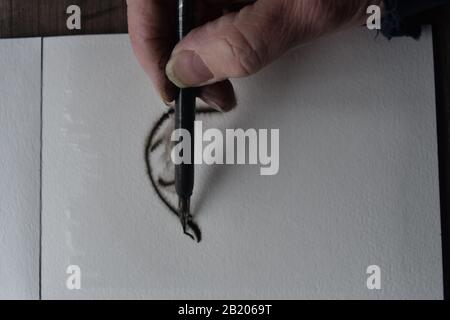 Reihenfolge der Zeichnung mit DIP-Stift in Indien Tinte auf nasses Aquarellpapier mit Tintenverteilung. Stockfoto