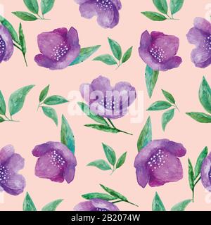 Nahtloses, farbenes, handgemaltes Blumenmuster mit violetten Hellebarden auf Pfirsichhintergrund. Für Tapeten oder Textildesign Stockfoto