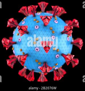 Covid-19, Coronavirus, eine Gruppe von Viren, die Krankheiten bei Säugetieren und Vögeln verursachen. Beim Menschen verursacht das Virus Atemwegsinfektionen. 3D-Abbildung. Stockfoto