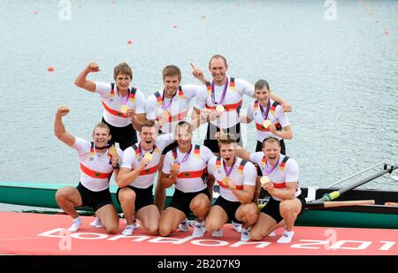 Eton Dorney, Windsor, Großbritannien, 2012 London Olympic Regatta, Dorney Lake. Eton Rowing Center, Berkshire[ Rowing]. Beschreibung; Herren Achter Finale. KEIM8+. Filip ADAMSKI (b) , Andreas KUFFNER (2) , Eric JOHANN (3) , Maximilian REINELT (4) , Richard SCHMIDT (5) , Lukas MUELLER (6) , Florian MENNIGEN (7) , Kristof WILKE (s) , Martin SAUER (c) Dorney Lake. 13:20:25 Mittwoch 01/08/2012. [Pflichtgutschrift: Peter Spurrier/Intersport Images] Dorney Lake, Eton, Großbritannien. Austragungsort, Rowing, 2012 London Olympic Regatta. Stockfoto