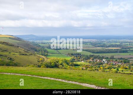 Green Fields of Sussex von Devils Dyke, Ditchling Beacon, Großbritannien Stockfoto