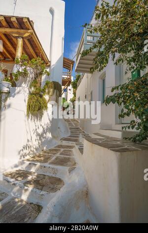 Enge Gepflasterte Straße auf der Insel Mykonos mit traditionellen Architekturgebäuden mit Häusern, Geschäften und Kirchen während einer nicht-touristischen Saison. Stockfoto