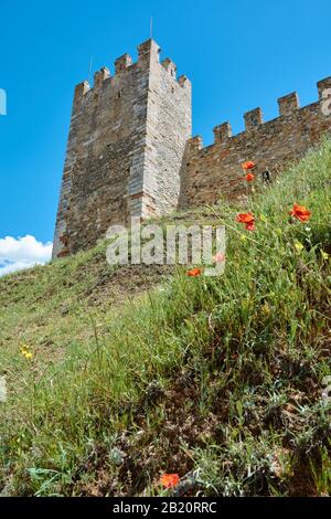 Blick auf die alten befestigten Mauern des mittelalterlichen Dorfes Montblanc, Provinz Tarragona, Spanien. Stockfoto