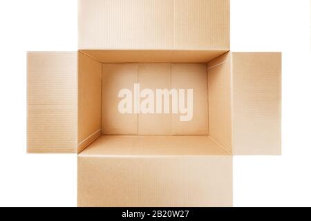 Leerer Karton, Innenansicht. Freier Platz für Ladung, Paket und Geschenk. Karton auf weißem Hintergrund öffnen. Draufsicht. Stockfoto