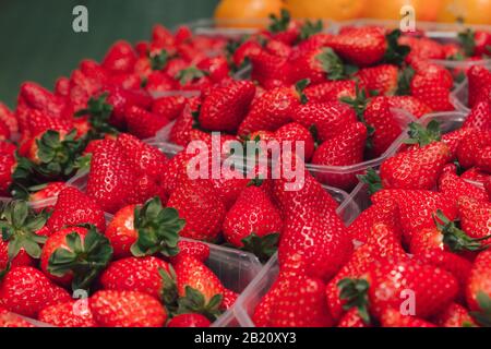 Stock-Foto von mehreren Tabletts voller Erdbeeren an einem Marktstand Stockfoto