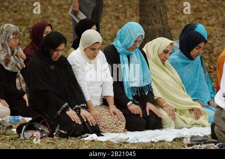 Austin, Texas 12. November 2005: Muslimische Frauen am Nachmittag ASR Gebete am Ende des Ramadan (Eid) Festivals, wo die muslimische Gemeinschaft in Zentral-Texas begrüßt alle Glaubensrichtungen zu einem Treffen präsentiert Essen, Tanz und Feste der muslimischen Welt. ©Bob Daemmrich Stockfoto