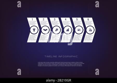 Pfeile mit horizontaler Nummerierung. Konzeptabbildung oder Hintergrund. Infografik zur Chronik. Vector Monochrom-Vorlage 6 Positionen für Textbereich, möglich Stock Vektor