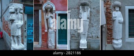 Marmorstatuen einer Kaufmannsfamilie aus dem 13./14. Jahrhundert, Campo dei Mori im Bezirk Cannaregio, Venedig, Venetien, Italien Stockfoto