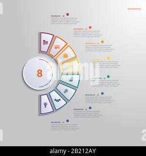 Vorlage für Infografiken mit 8 Textbereichspositionen. Diagramm mit mehrfarbigen Elementen eines Halbkreises um einen Kreis. Stock Vektor