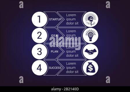 Startbussines Infografievorlagen aus Kreisen und horizontalen Streifen 4 Positionen für den Textbereich, die für Workflow, Banner, Diagramm, WE verwendet werden können Stock Vektor