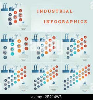 Zahnräder nummeriert, Geschäftssymbole, Rohrwerksrauch, elektrische Übertragungsleitungen, Industrieinfografiken, Vorlagen mit Textbereichen 3 4 5 6 7 8 Stock Vektor