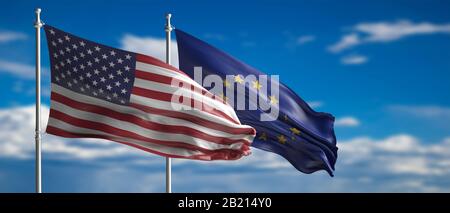 Beziehungen zwischen den USA und der EU. Die Flaggen der Europäischen Union und der Vereinigten Staaten von Amerika winken auf Polen, blauer Himmel mit Wolken Hintergrund. 3D-Abbildung Stockfoto