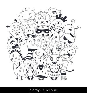 Handgezeichnete niedliche Monster auf weißem Hintergrund. Lustige Schwarz-Weiß-Poster mit Line-Art-Monstern. Stock Vektor