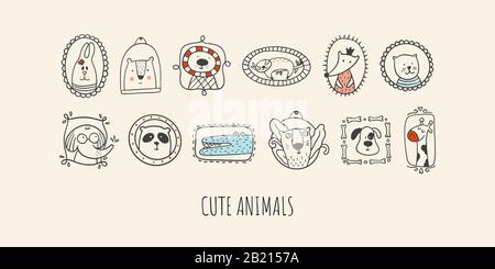 Die Linienkunstvektorillustration mit Kaninchen, Bär, Faultier, Giraffe, Fuchs, Krokodil, Panda, Tiger, Katze, Hund, dem Elefanten in verschiedenen Bilderrahmen. Stock Vektor