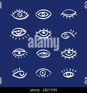 Satz handgezogene Augen. Doodle Vektorgrafiken mit verschiedenen Augen. Grunge türkische böse Augen. Stock Vektor