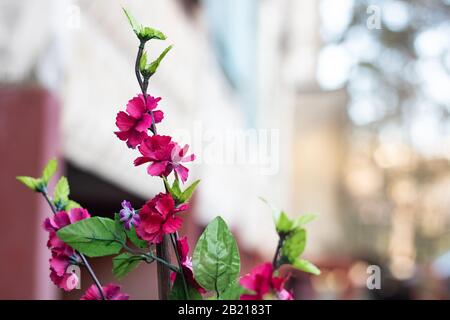 Verzweigung mit künstlichen violetten Kunststoffblüten in der Nähe Stockfoto