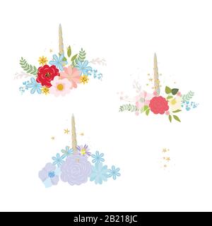 Vektorgrafiken: Blumensträuße Von Sommerpflanzen Und Blumen. Rote, blaue, rosafarbene Blumen und grüne Blattzweige Stock Vektor