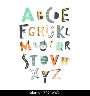 Süßes skandinavisches Alphabet. ABC. Lustige kindliche Schrift. Vektorgrafiken. Stock Vektor