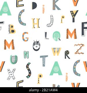 Süßes, nahtloses Muster mit Buchstaben im Doodle-Stil. Skandinavischer kindlicher Hintergrund, perfekt für Stoff, Verpackung und Textil. ABC-Muster. Stock Vektor