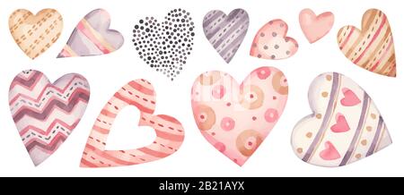 Vector Aquarell Herzen rosa und rot gesetzt. Valentines Day Hand malte Liebe, romantisch, Hochzeitsillustration. Vector Aquarell Handbemalte Kollektion Stock Vektor