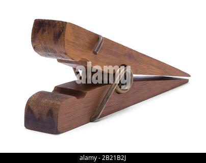 Open Brown Wood Clothes Pin Top View Isoliert auf Weiß. Stockfoto