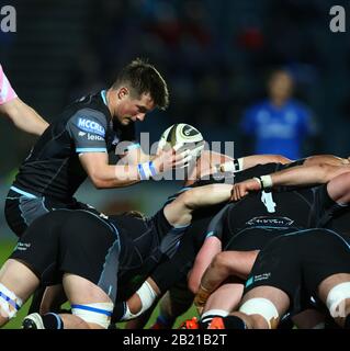 RDS Arena, Dublin, Leinster, Irland. RDS Arena, Dublin, Leinster, Irland. Februar 2020. Guinness Pro 14 Rugby, Leinster versus Glasgow; George Horne (Glasgow Warriors) bereitet sich darauf vor, den Scrum Credit: Action Plus Sports/Alamy Live News Credit: Action Plus Sports Images/Alamy Live News Stockfoto