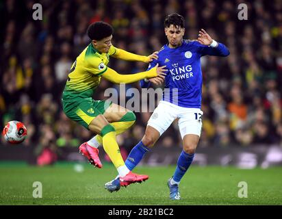 Der von Norwich City gespielte Jamal Lewis (links) und Ayoze Perez von Leicester City kämpfen während des Premier-League-Spiels in Carrow Road, Norwich um den Ball. Stockfoto