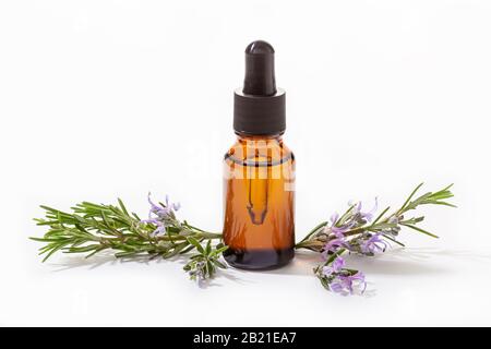 Rosmarin ätherisches Öl in Glasflasche isoliert auf weißem Hintergrund. Salvia Rosmarinus Öl Stockfoto