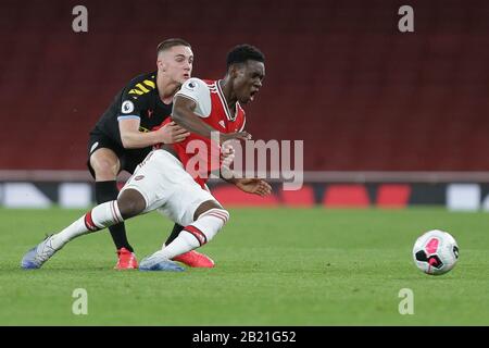 London, Großbritannien. Februar 2020. Florin Balogun von Arsenal u23 und Rowan McDonald von Manchester City u23 kämpfen beim Premier League 2 Spiel zwischen Arsenal Unter 23 Jahren und Manchester City Unter 23 Jahren im Emirates Stadium, London am Samstag, 29. Februar 2020 um den Besitz. (Gutschrift: Jacques Feeney/MI News) Foto darf nur für redaktionelle Zwecke in Zeitungen und/oder Zeitschriften verwendet werden, Lizenz für kommerzielle Nutzung erforderlich Kredit: MI News & Sport /Alamy Live News Credit: MI News & Sport /Alamy Live News Stockfoto