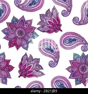 Handgezeichnetes Muster im Paisley-Stil. Aquarellelemente. Stockfoto